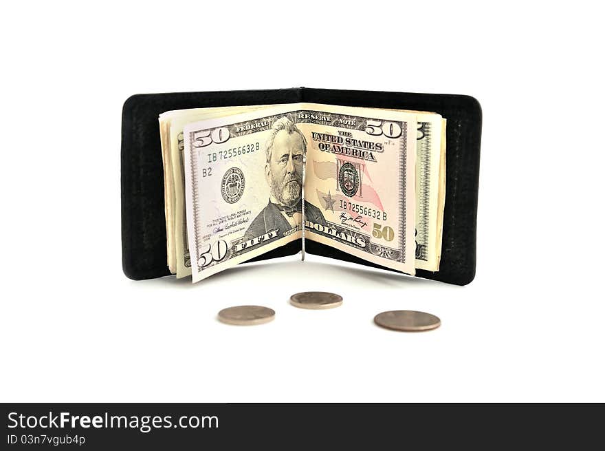 Purse on the latch of dollars on a white background. Purse on the latch of dollars on a white background