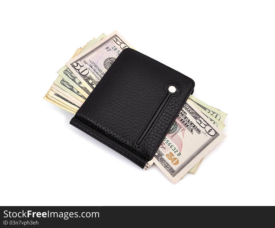 Purse on the latch of dollars on a white background. Purse on the latch of dollars on a white background