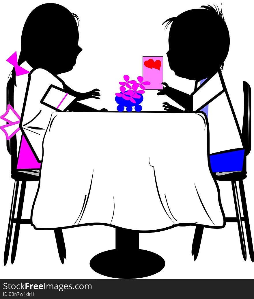 Boy giving a valentines day card of love to little girl sitting at table with flowers. Boy giving a valentines day card of love to little girl sitting at table with flowers