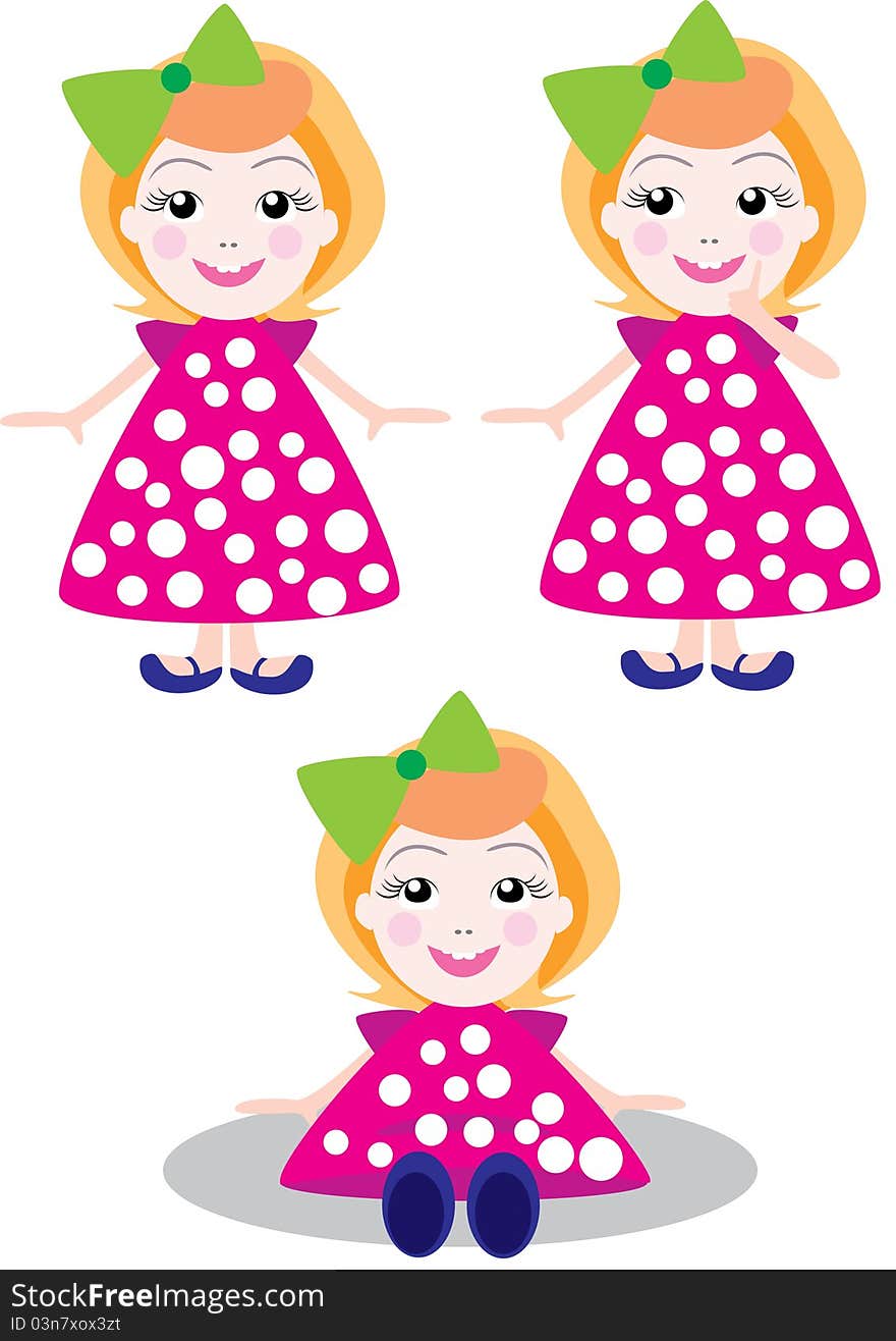 Vector illustration of dolls, the little girl in a crimson dress, the character