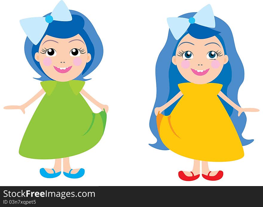 Vector illustration of dolls, the little girl with blue hair