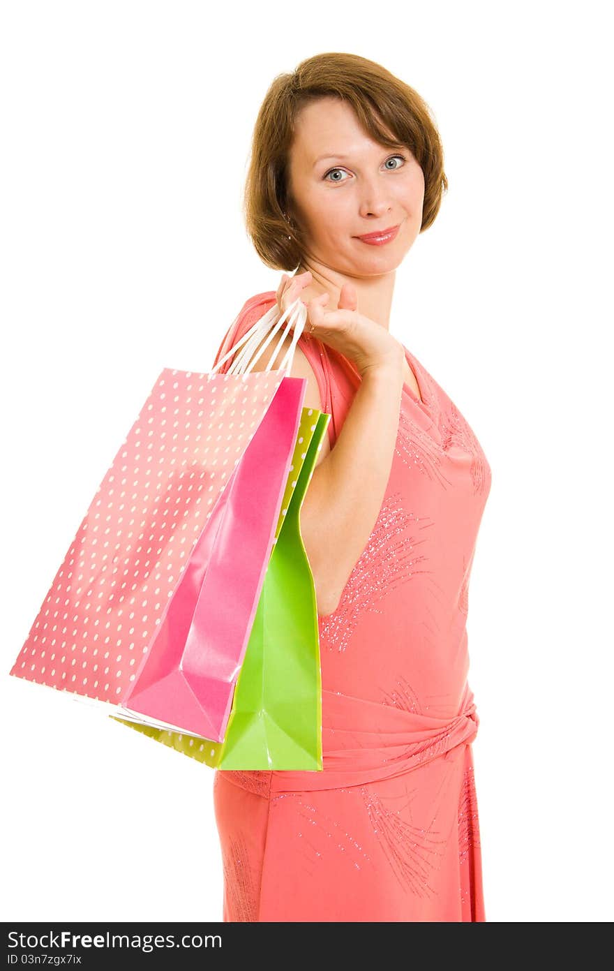 Girl with shopping on white background.