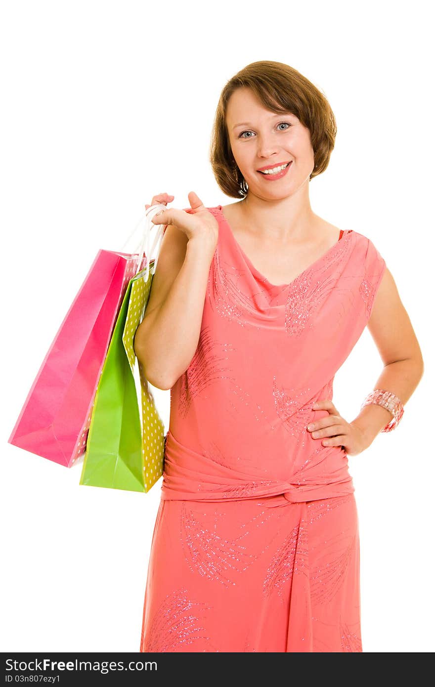 Girl with shopping on white background.