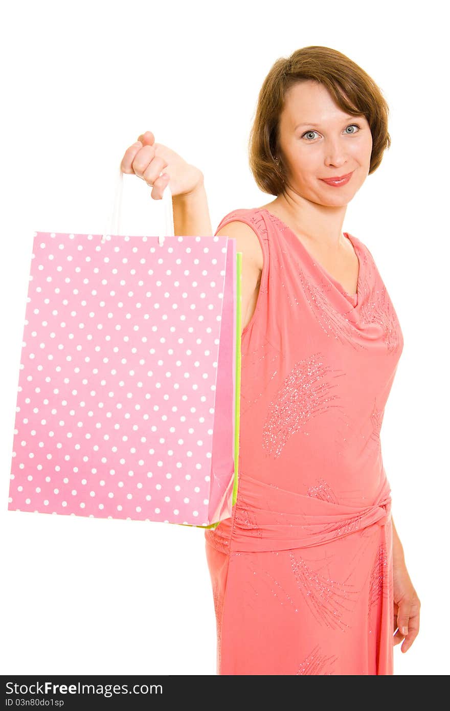 Girl with shopping on white background.