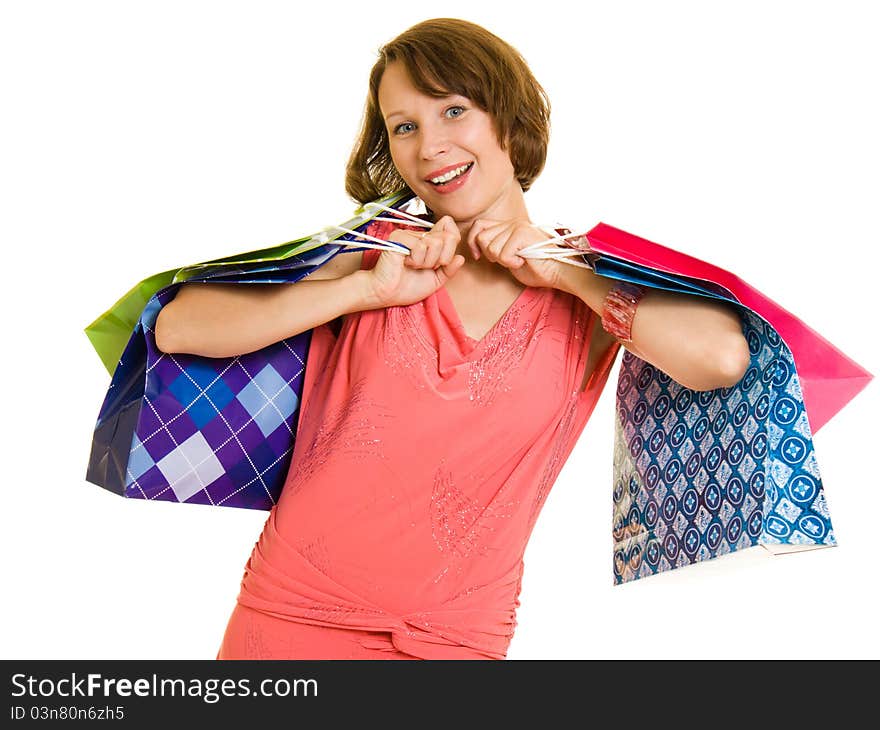 Girl with shopping on white background.