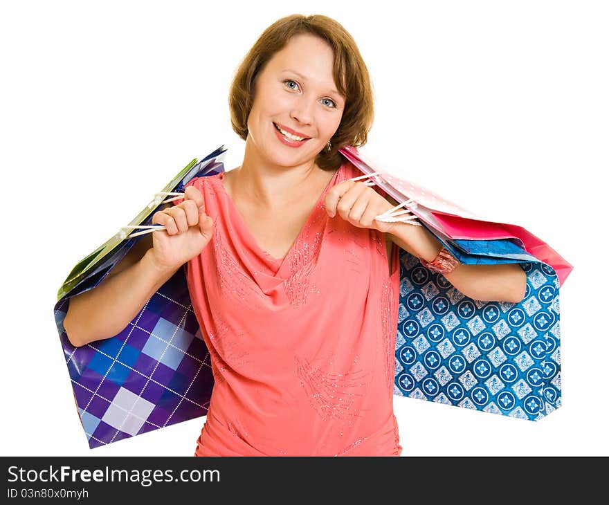 Girl with shopping on white background.