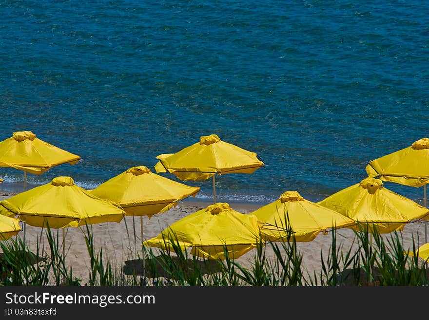 Umbrellas On Beach. View In Sunny Beach - Bulgaria