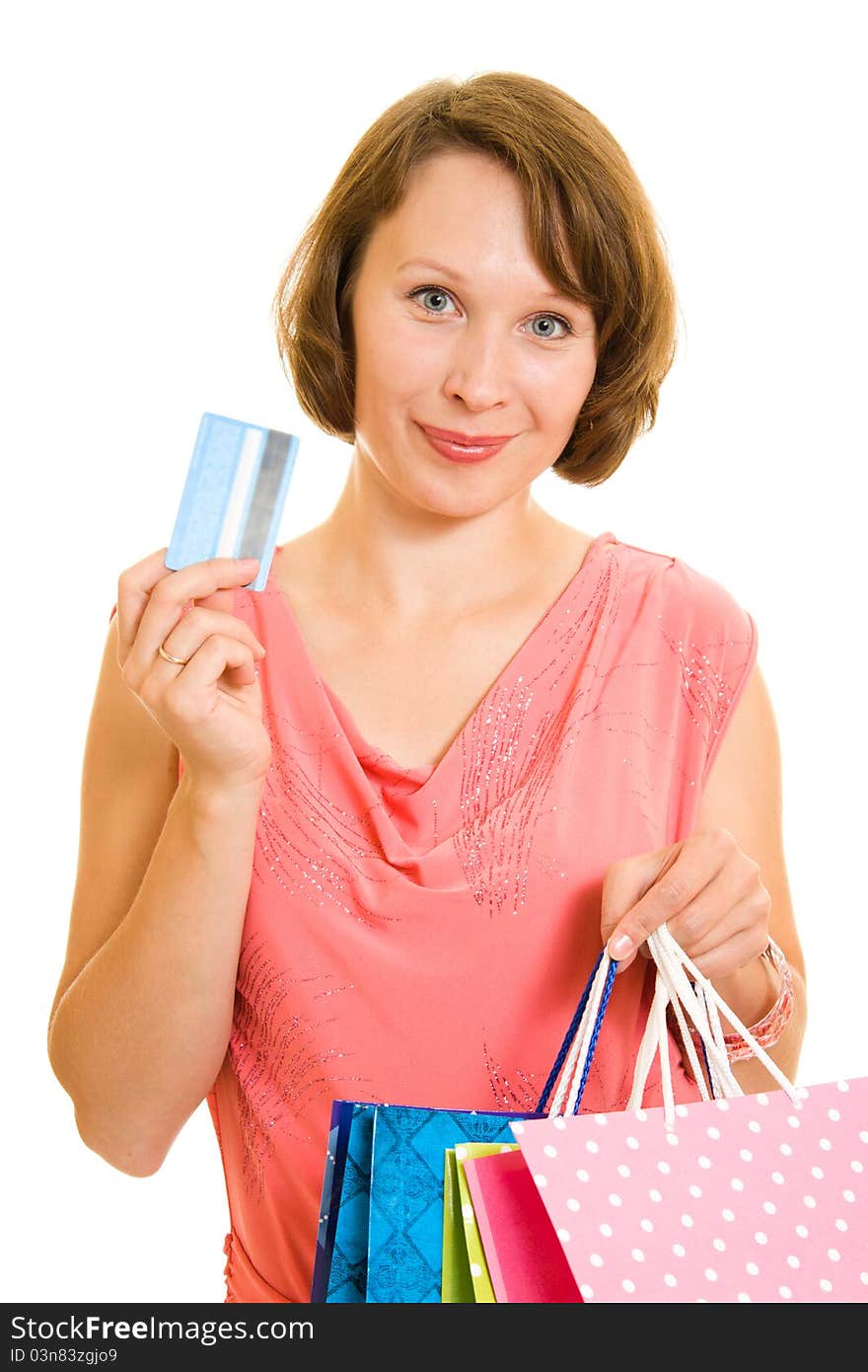 Girl with shopping on white background.