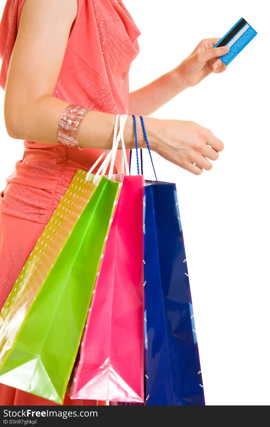 Girl with shopping on white background.