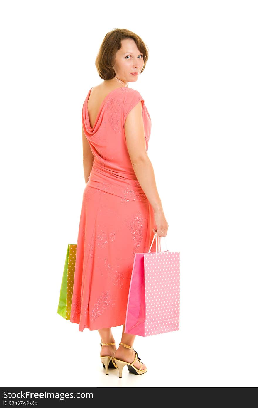 Girl with shopping on white background.