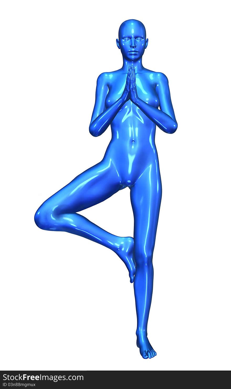 3D render depicting a glossy blue woman standing in a yoga tree pose.