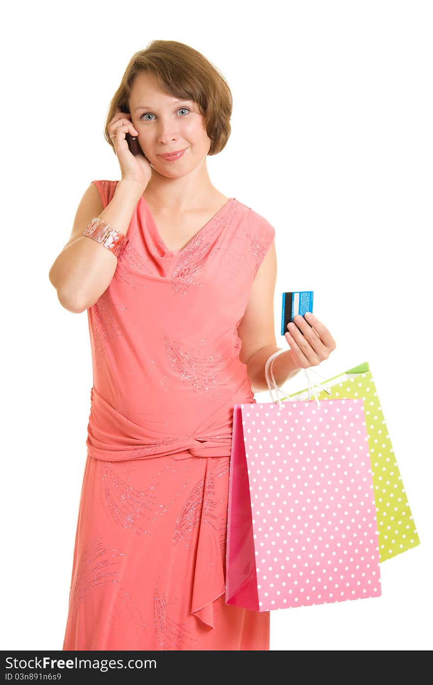 Girl with shopping on white background.