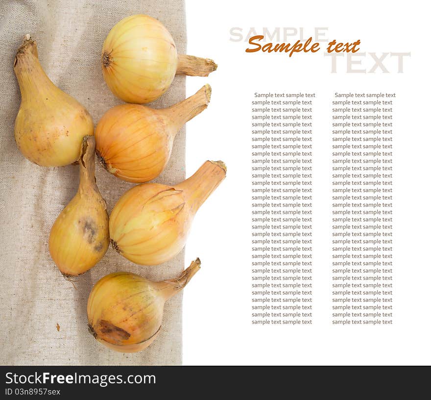 Onion on napkin on white background