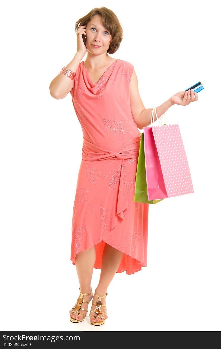 Girl with shopping on white background.