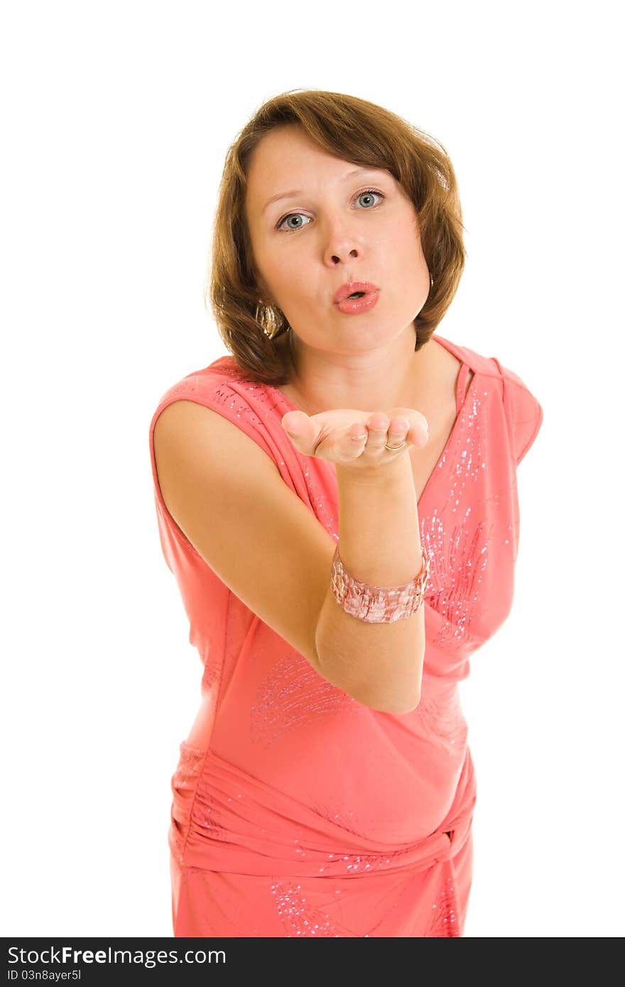 The girl sends kiss on a white background. The girl sends kiss on a white background.