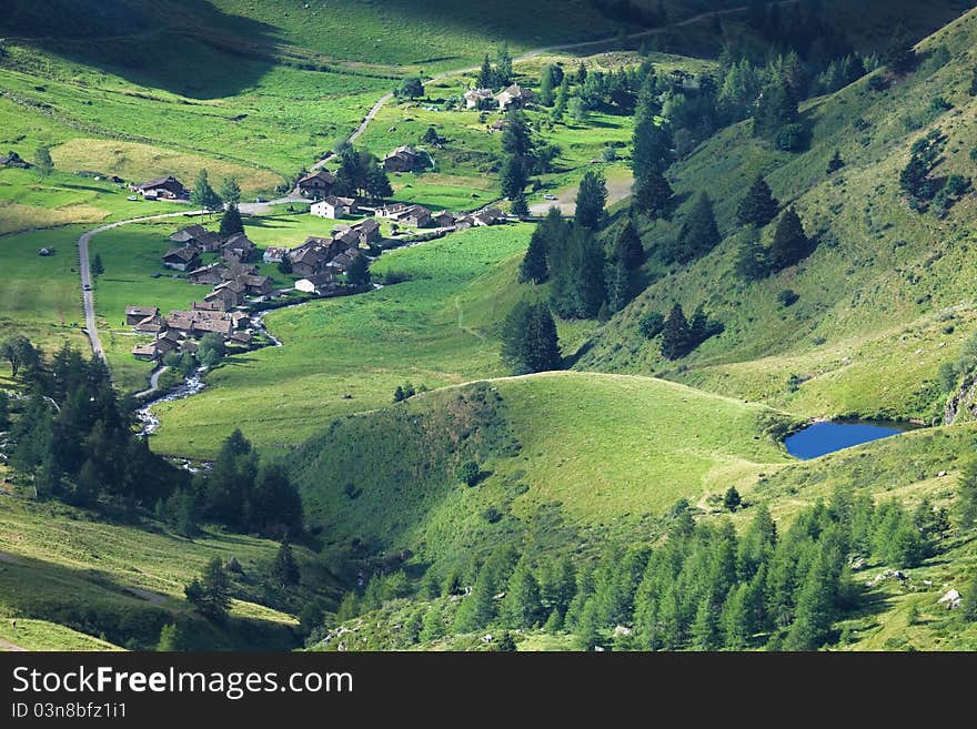 Green Valley. Panorama by the top of Viso Valley. Brixia province, Lombardy region, Italy