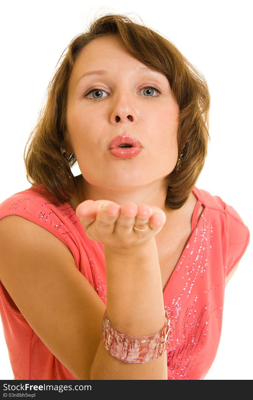 The girl sends kiss on a white background. The girl sends kiss on a white background.