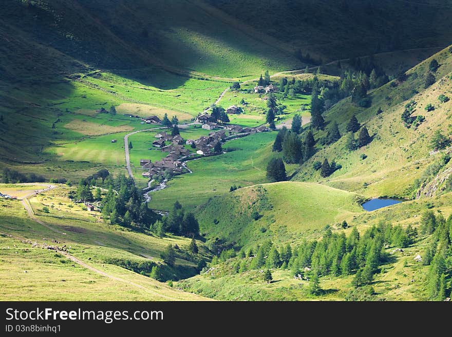 Green Valley. Panorama by the top of Viso Valley. Brixia province, Lombardy region, Italy