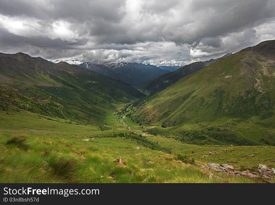 Green Valley. Panorama by the top of Viso Valley. Brixia province, Lombardy region, Italy