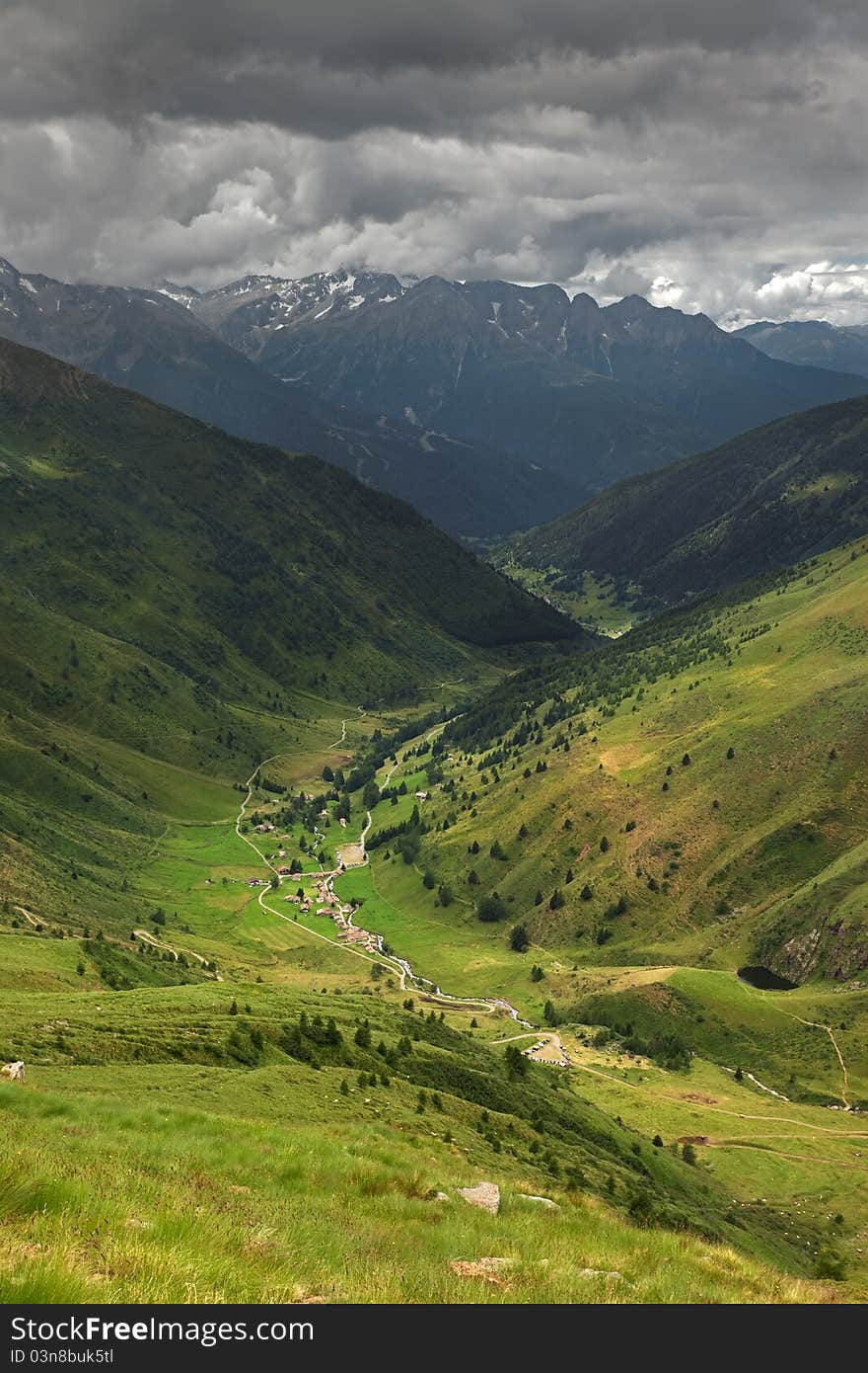 Green Valley. Panorama by the top of Viso Valley. Brixia province, Lombardy region, Italy