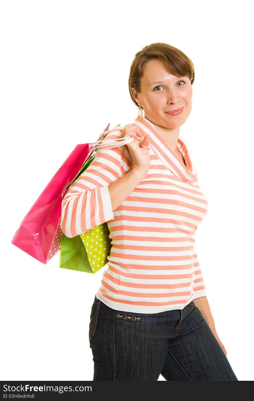 Girl with shopping on white background.