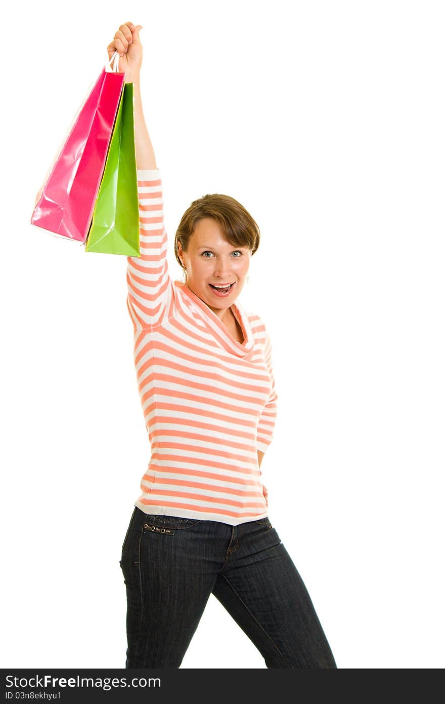 Girl with shopping on white background.