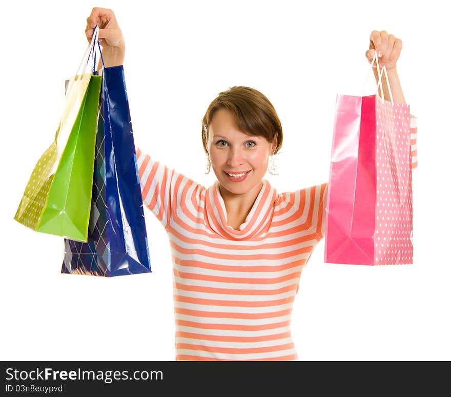 Girl with shopping on white background.