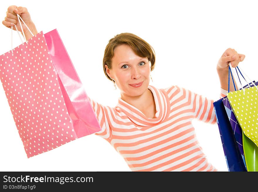 Girl with shopping on white background.