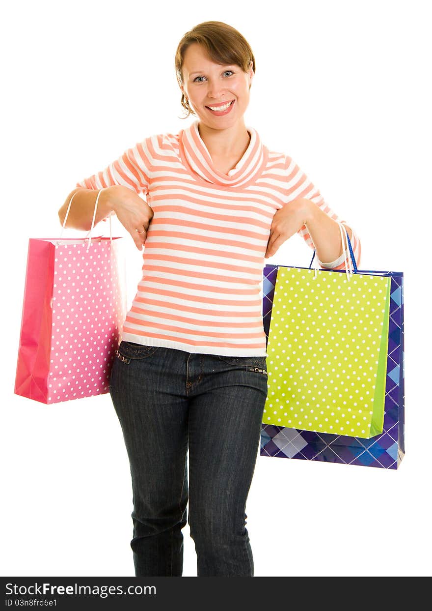 Girl with shopping on white background.