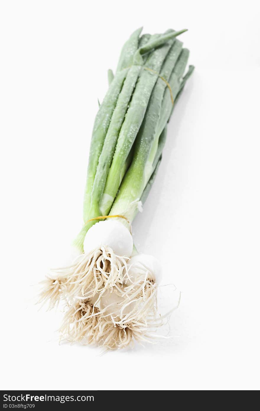 Spring onions on white background