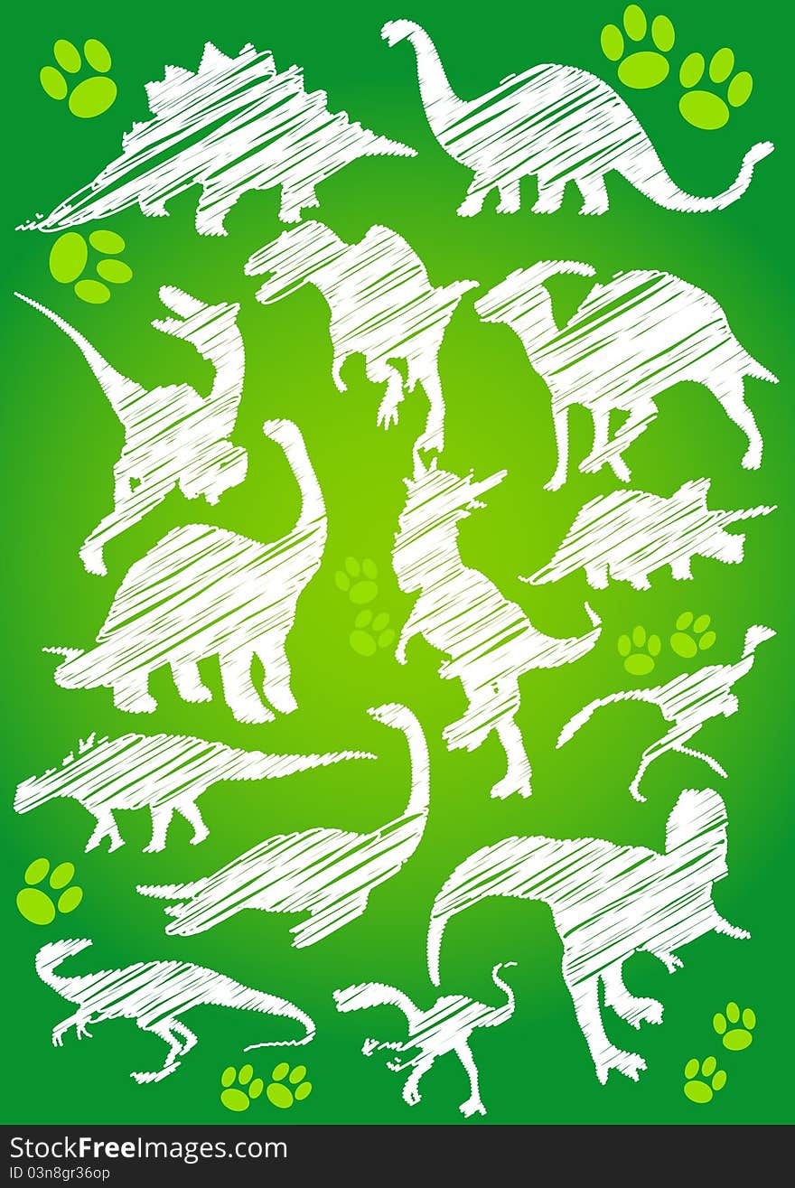 Green Illustration with white dinosaurs