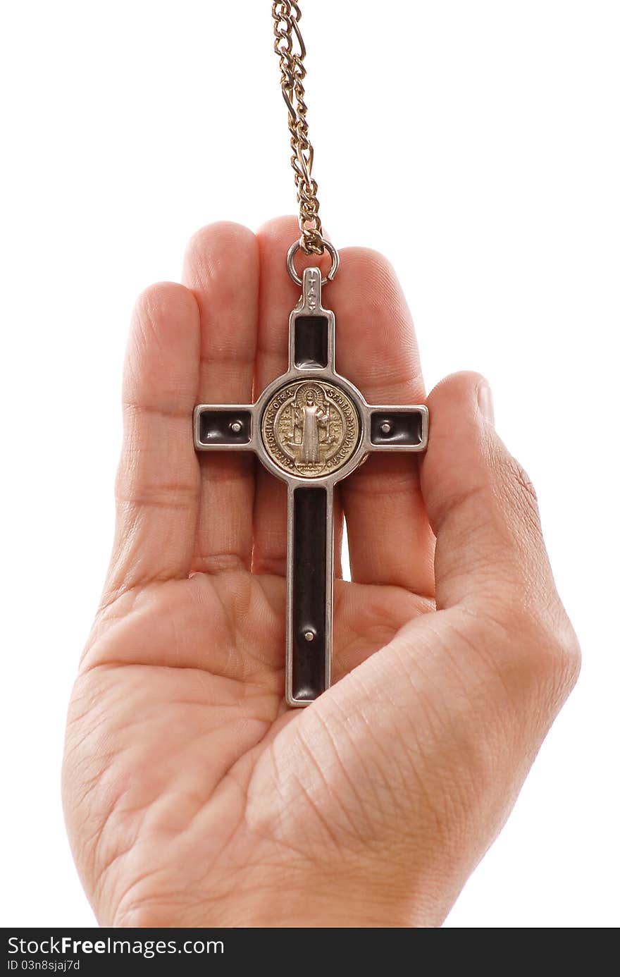 Holy Crucifix In Hand Over White