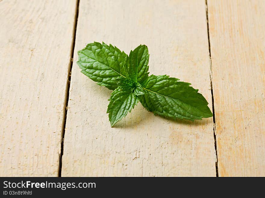 Photo of fresh green mint leaves on wooden table