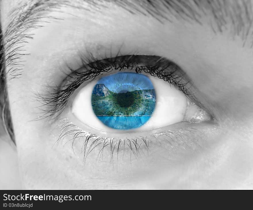 Close-Up Of A Male Face With Sea View In The Eye