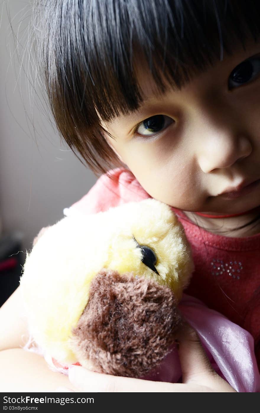 Bright picture of adorable chinese girl Holding the Toy dog near the windows. Bright picture of adorable chinese girl Holding the Toy dog near the windows