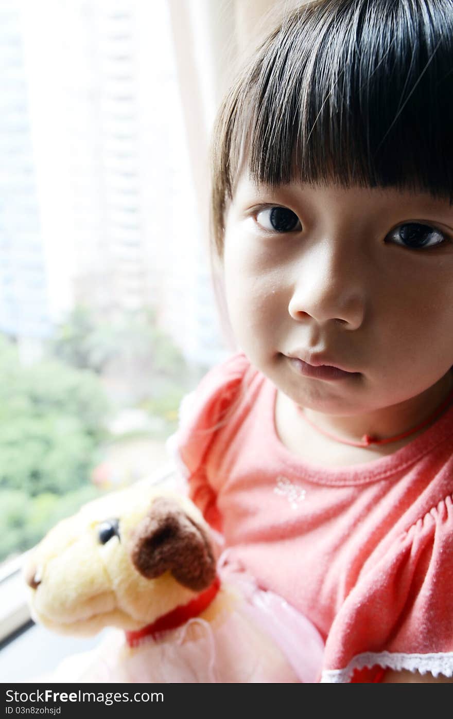 Bright picture of adorable chinese girl Holding the Toy dog near the windows. Bright picture of adorable chinese girl Holding the Toy dog near the windows