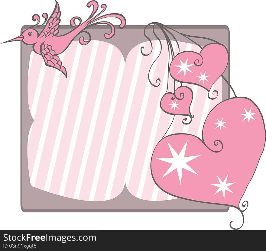 Pink bird and hearts on frame