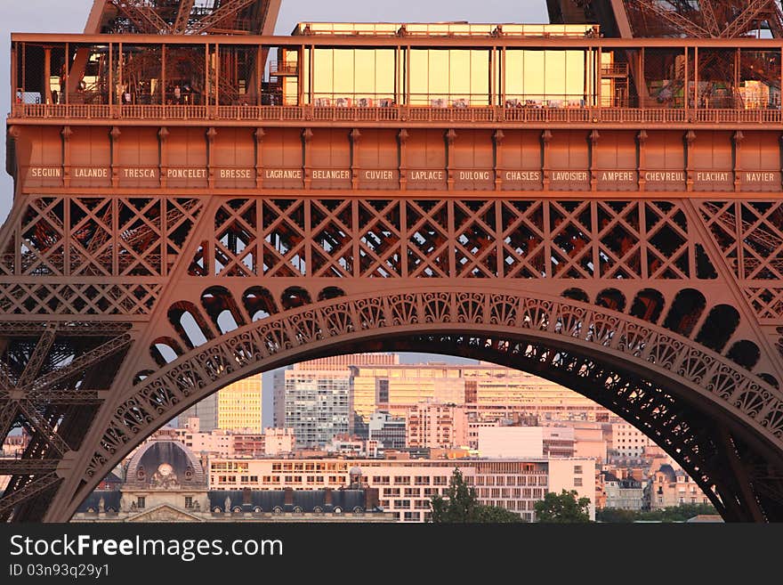 The Eiffel tower in Paris in sunset light. The Eiffel tower in Paris in sunset light