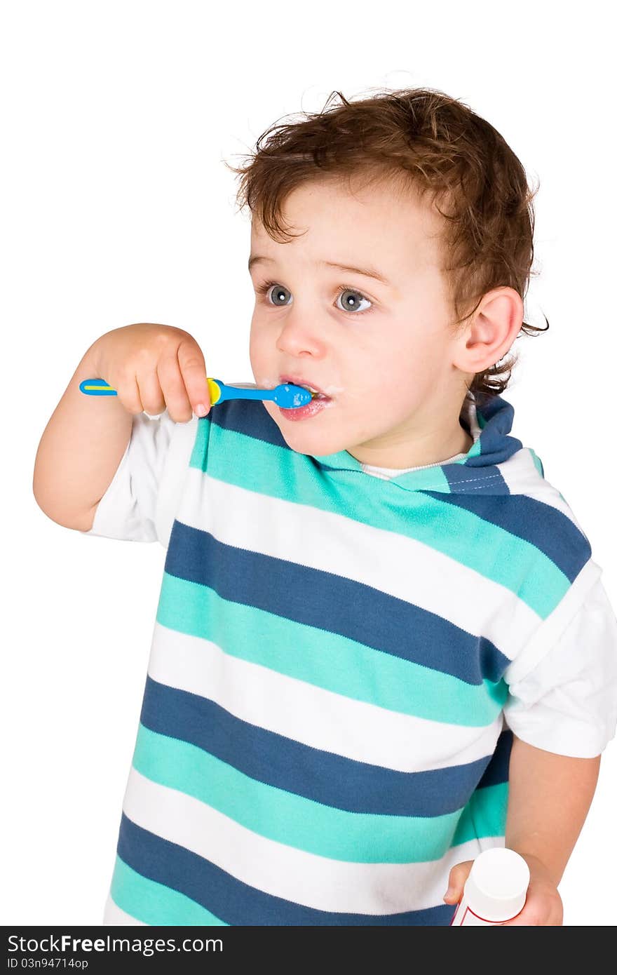 Boy cleans a teeth isolated on white