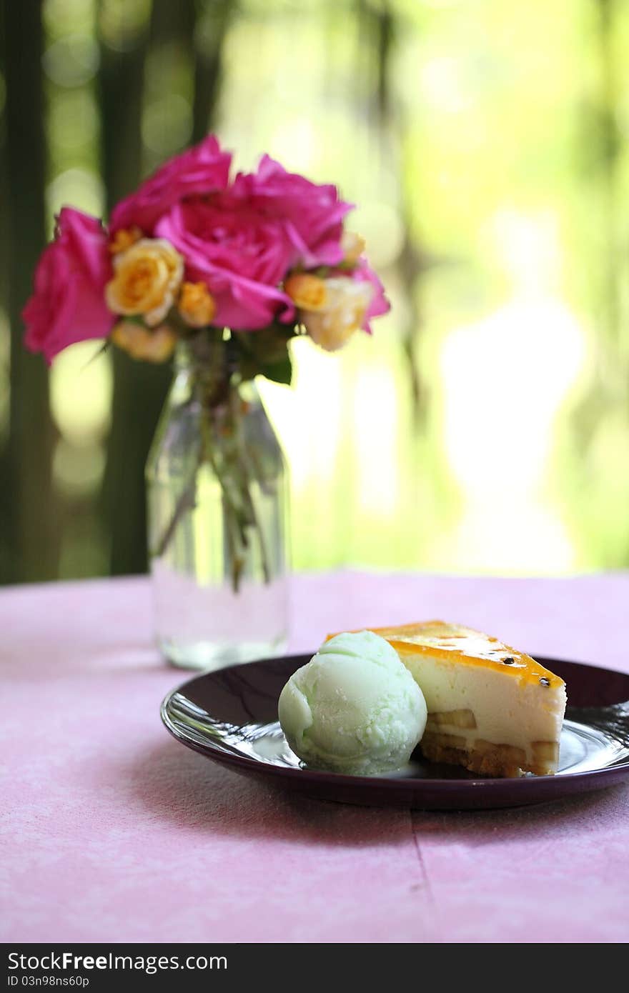 Cake and icecream in bamboo background