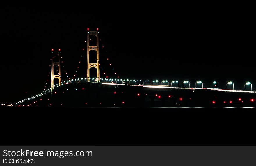 Night photo of the Mackinac Bridge, from near St. Ignace, Michigan