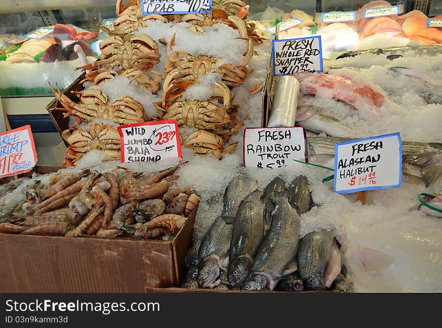 Crab, fish, and shrimp for sale. Crab, fish, and shrimp for sale