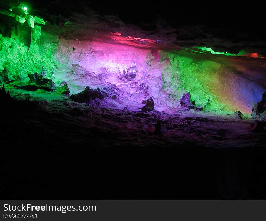 Beautiful stalactite in the cave Yinziyan, Yangshuo, Guilin, China