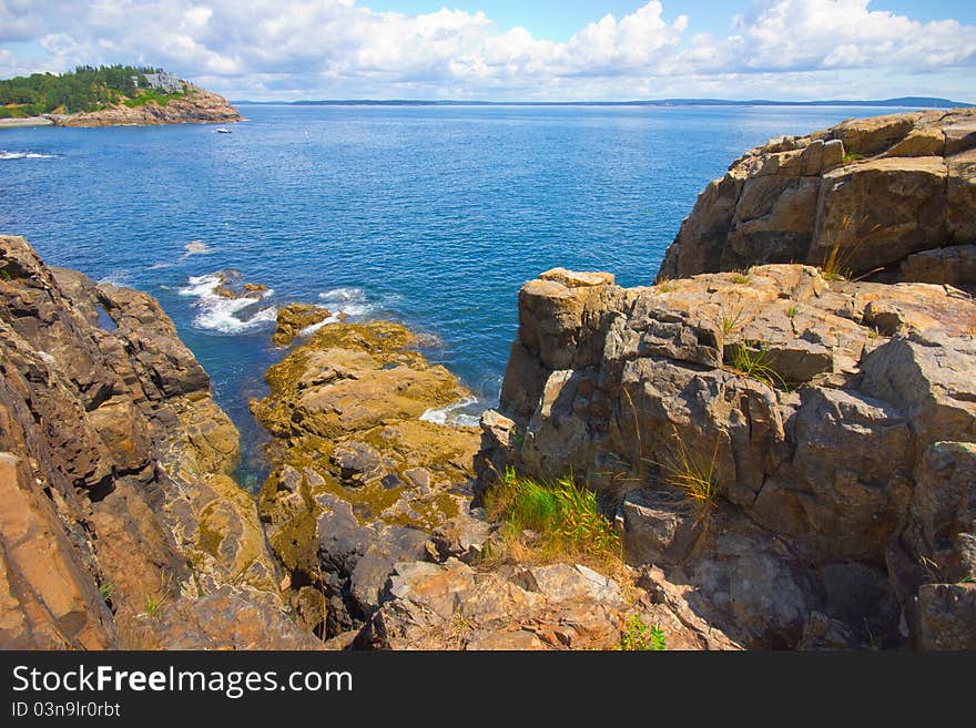 Boulders and water on Maine's rocky coast