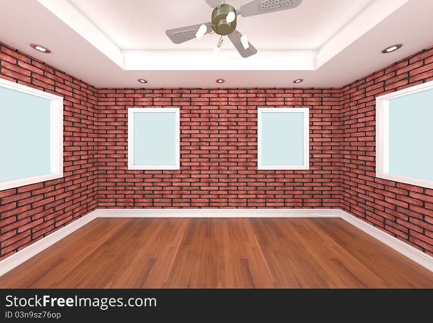 Home interior 3D rendering with empty room to decorated with brick wall and wooden floors. Home interior 3D rendering with empty room to decorated with brick wall and wooden floors.