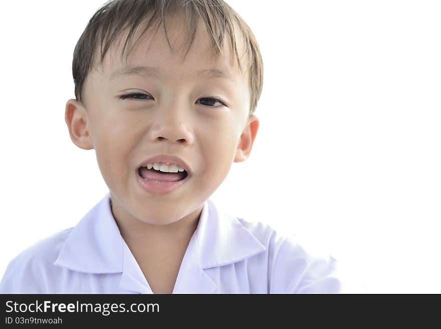 Cute smiley asian boy in white shirt on white background. Cute smiley asian boy in white shirt on white background.