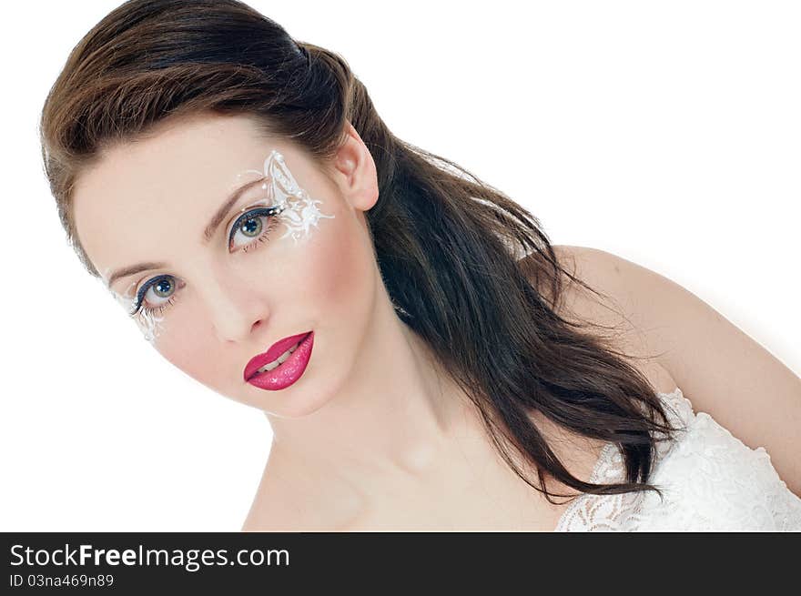 Portrait of beautiful girl with art make up on white. Portrait of beautiful girl with art make up on white