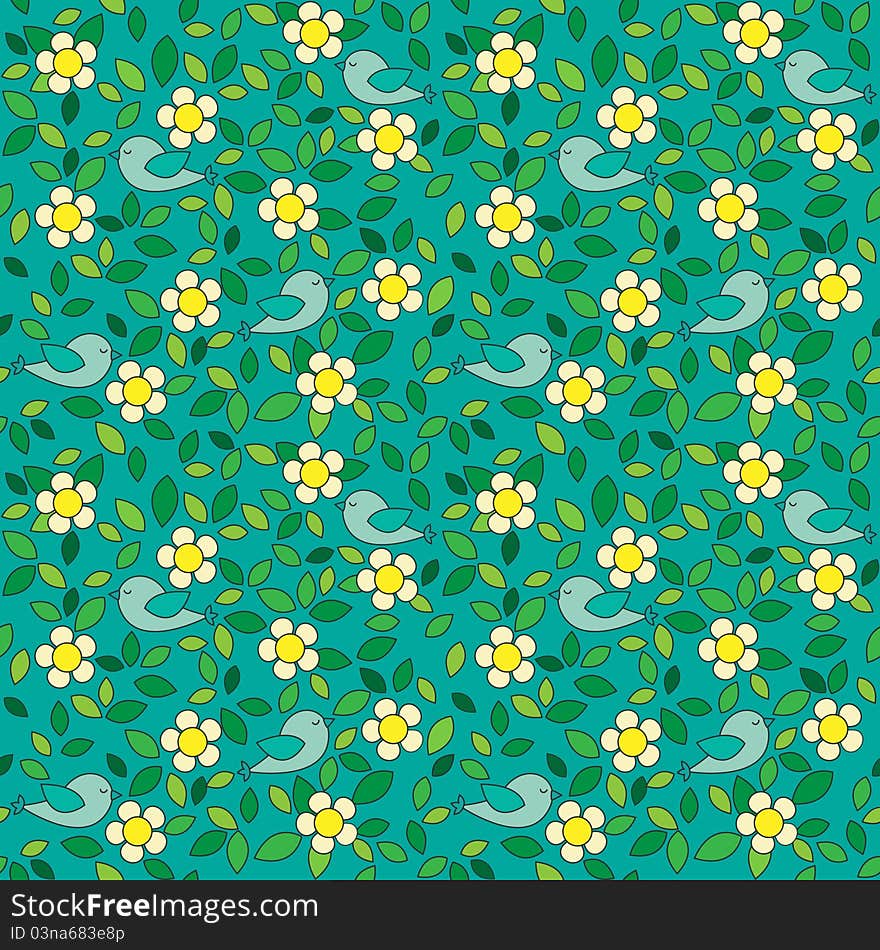 Little birds among flowers and leafs on dark green background. Seamless pattern. Little birds among flowers and leafs on dark green background. Seamless pattern.