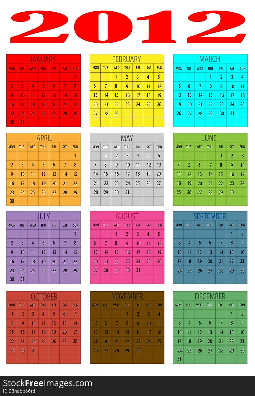 New year 2012 calendar colors on white background. New year 2012 calendar colors on white background