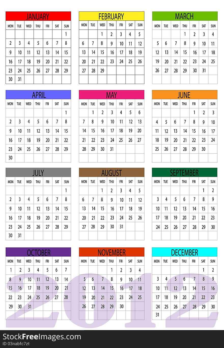 New calendar 2012 colors and white background, English